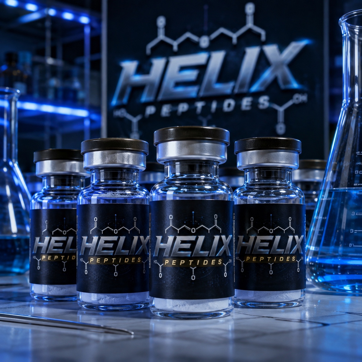 HELIX Peptides branded research vials in a blue laboratory setting