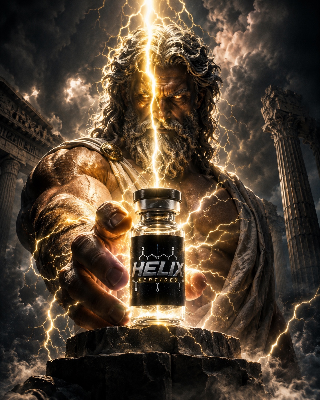 HELIX Peptides branded vial with dramatic lightning