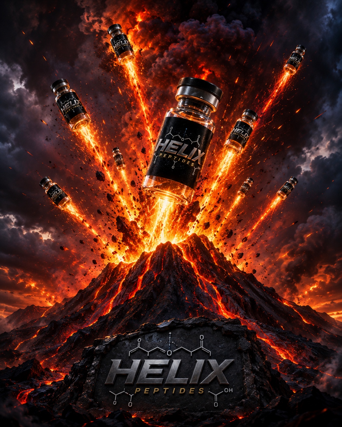 HELIX Peptides branded vials in a dramatic volcanic scene